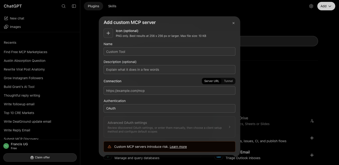 ChatGPT's Add custom MCP server dialog with Name, Description, Connection and Authentication fields