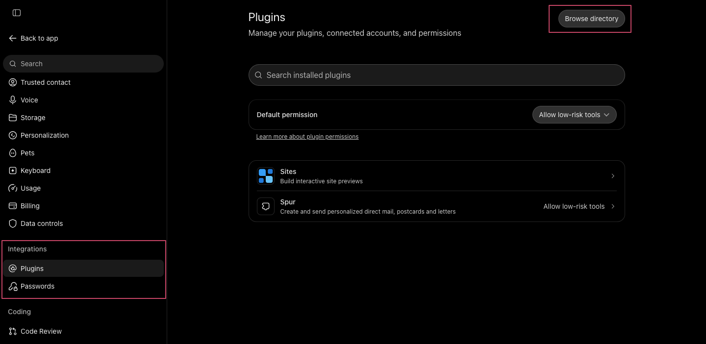 ChatGPT Settings with Integrations > Plugins and the Browse directory button highlighted