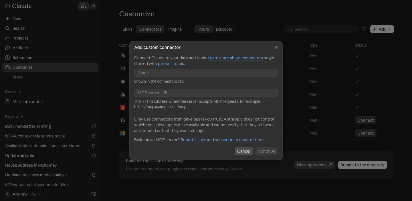 Claude's Add custom connector dialog with Name and MCP server URL fields