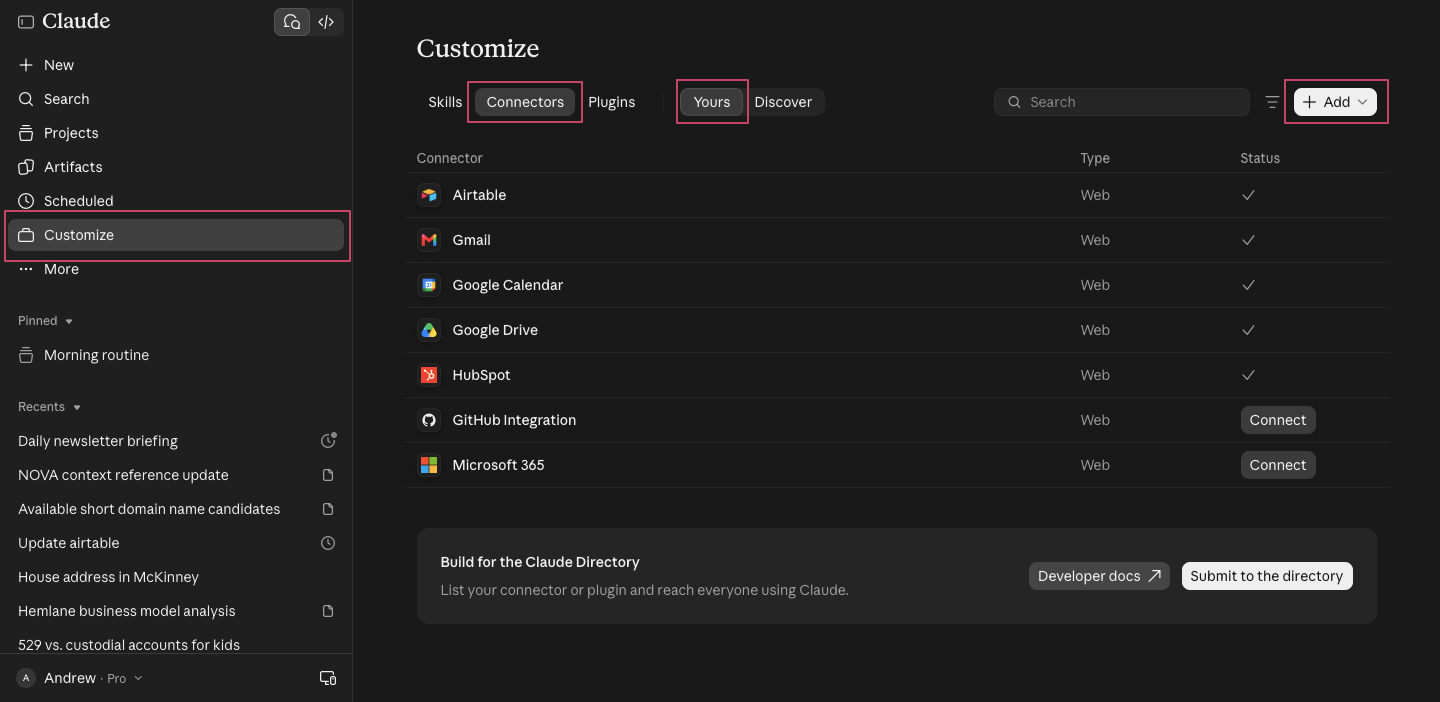 Claude's Customize page with the Connectors tab, Yours filter and + Add button highlighted