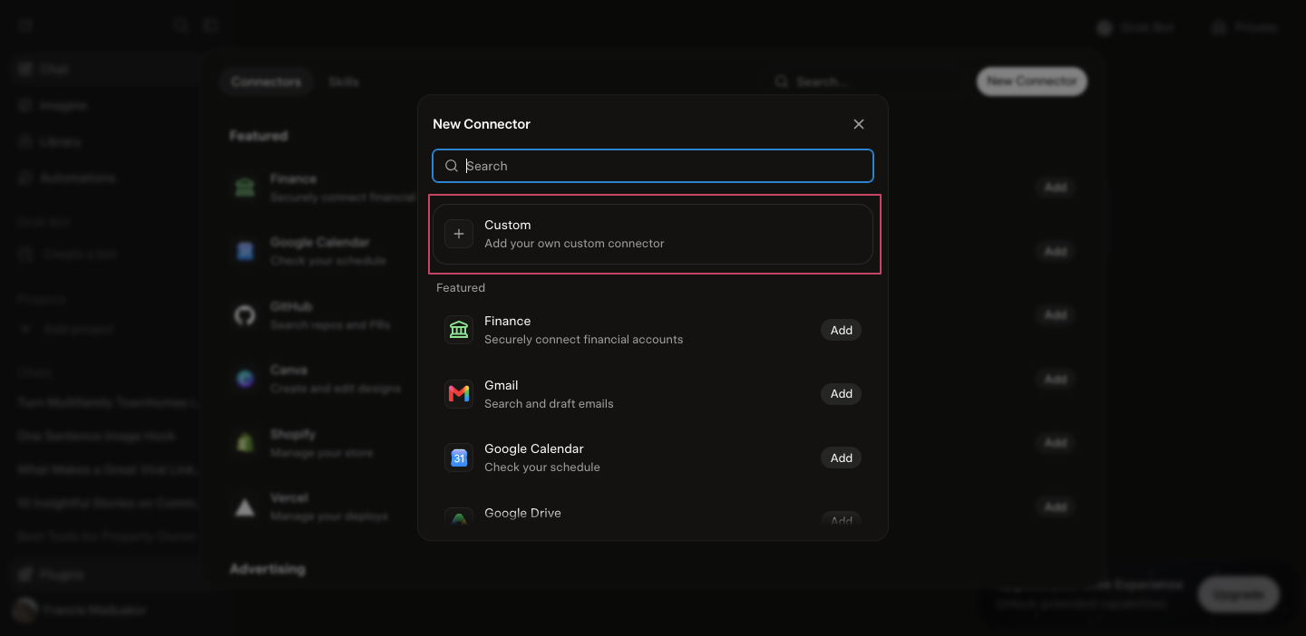 Grok's New Connector dialog with the Custom option highlighted
