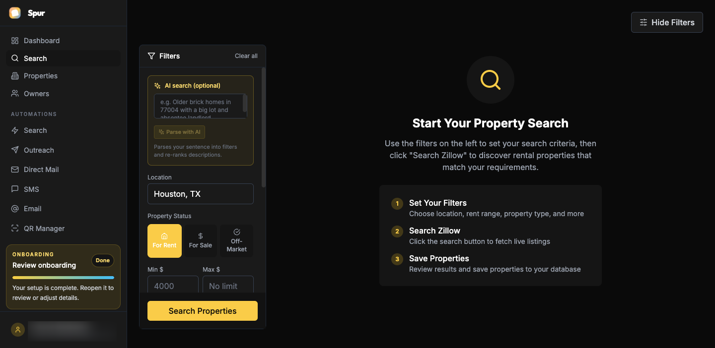 Spur property owner search interface