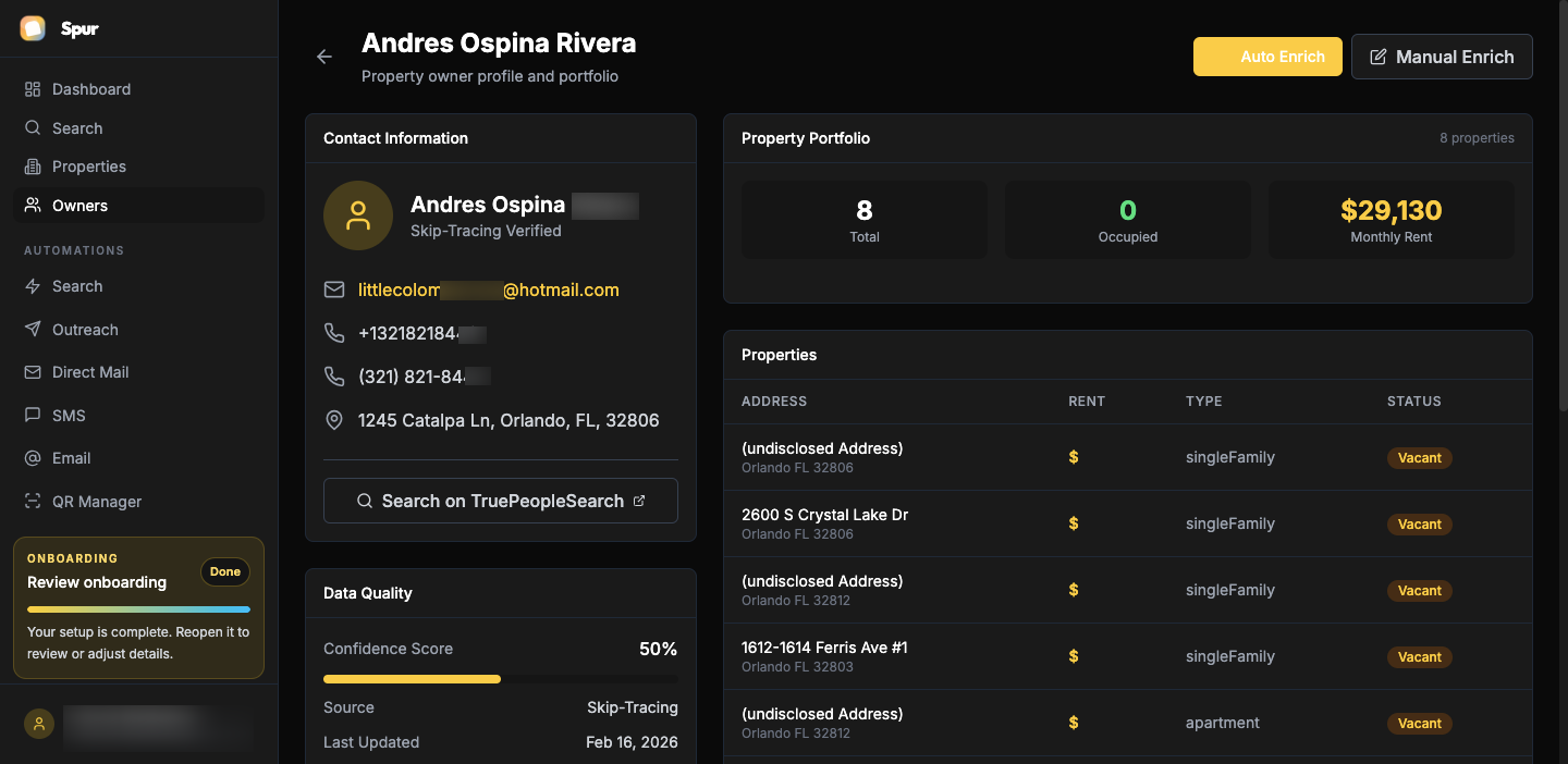 Spur owner contact enrichment interface