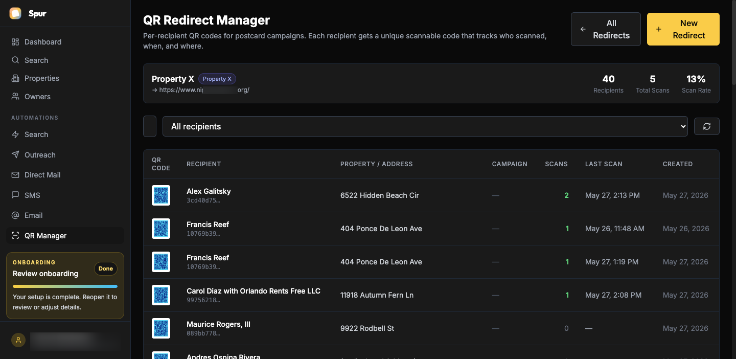 Spur QR code manager and scan tracking