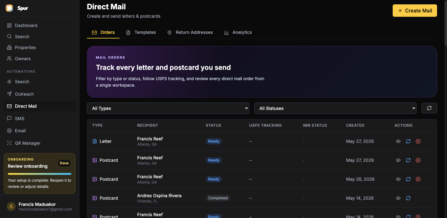 Spur direct mail tracking dashboard